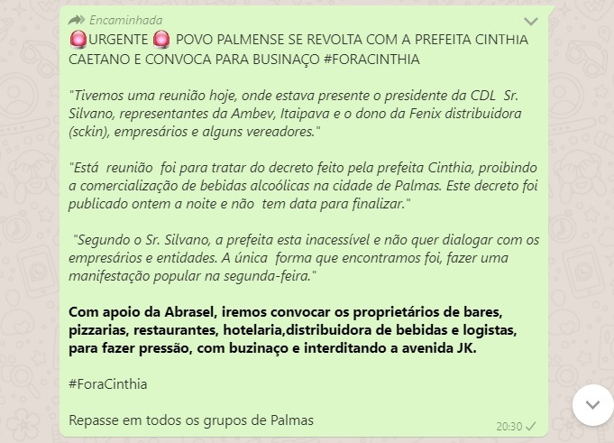 Associação que representa bares e restaurantes no Tocantins desmente 'fake news' sobre apoio a manifestação em Palmas
