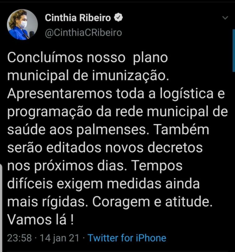 Prefeita Cinthia Ribeiro diz que haverá medidas preventivas mais rígidas contra a covid-19 e anuncia plano de vacinação em Palmas