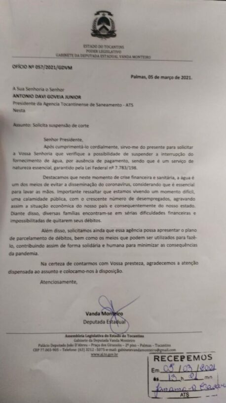 Vanda Monteiro protocola ofício e solicita que ATS, BRK e Energisa suspendam cortes de água e energia