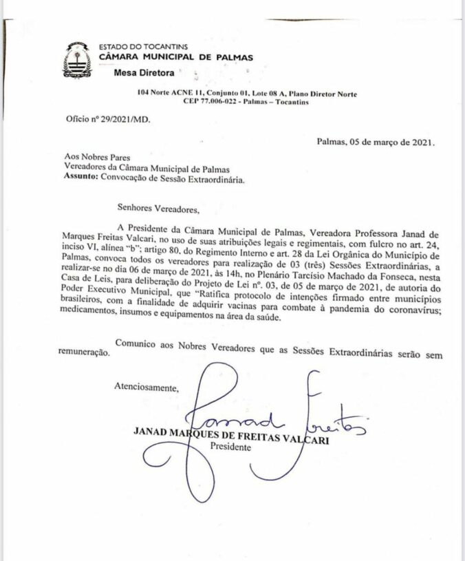 Resolvido! Projeto de Lei que autoriza a prefeitura de Palmas comprar vacinas contra a Covid-19 é protocolado na Câmara