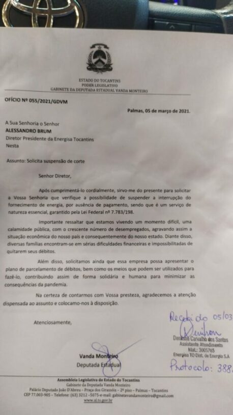Vanda Monteiro protocola ofício e solicita que ATS, BRK e Energisa suspendam cortes de água e energia