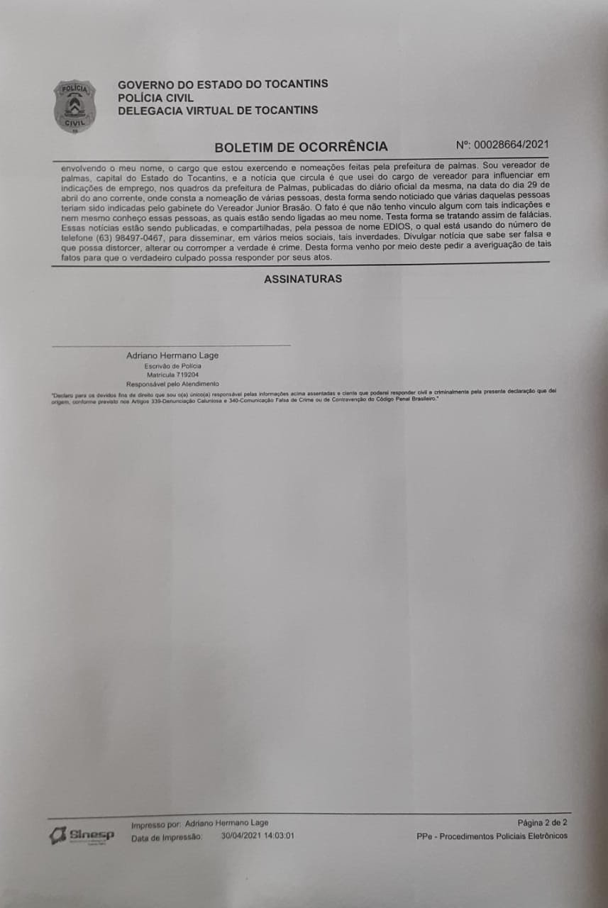 Em Palmas, vereador Sgt. Júnior Brasão registra boletim de ocorrência após ser alvo de fake news em grupos de WhatsApp