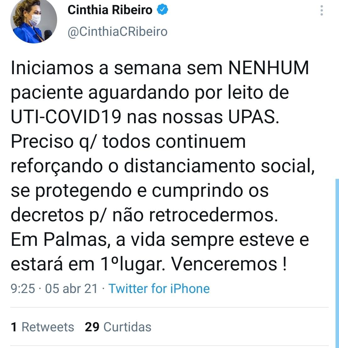 Esperança! Palmas inicia semana sem nenhum paciente aguardando por leito de UTI/Covid, diz prefeita Cinthia